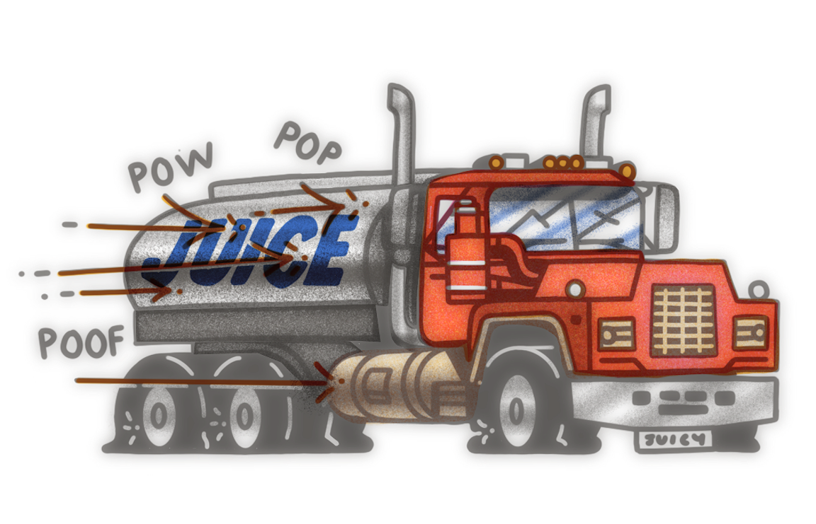 An illustration of a red transport truck for juice being shot at.